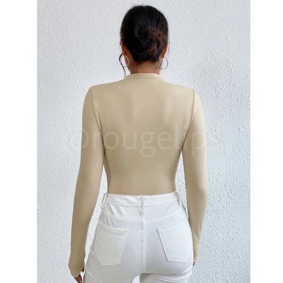 Ruched Asymmetric Beige Long Sleeve Bodysuit Slim Fit Stretchy - Picture 5 of 8
